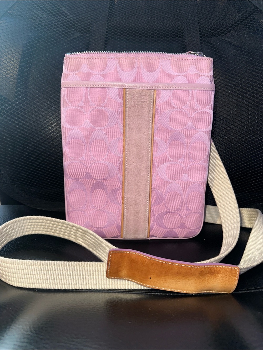Coach Pink Signature Canvas Crossbody with Tan Leather Trim